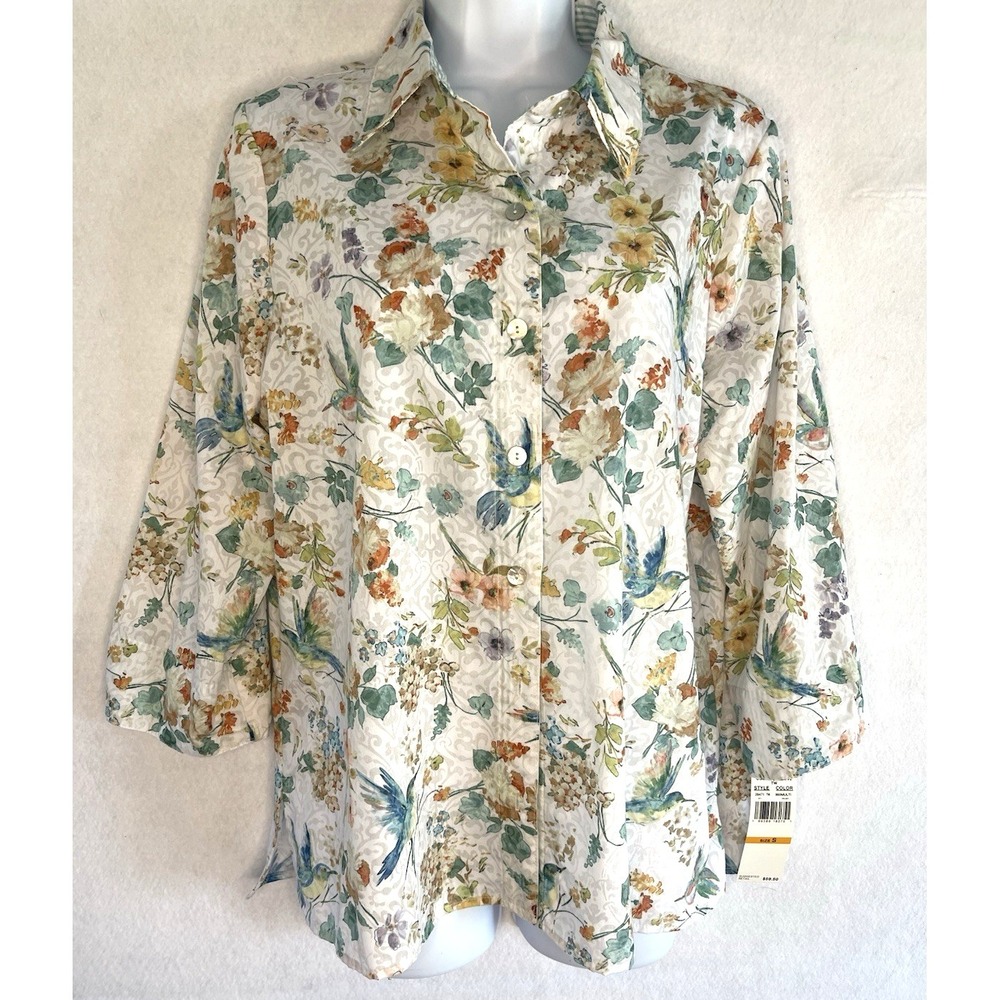 Alfred Dunner Women's Floral Hummingbird Print Blouse Small Nature Cottagecore - Picture 8 of 11